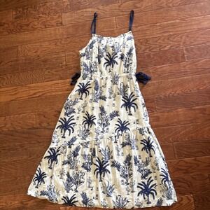 Blue & White Cactus Womens Tiered Sz‎ 8 Romanic Flowy Kitch Folklore Midi Dress